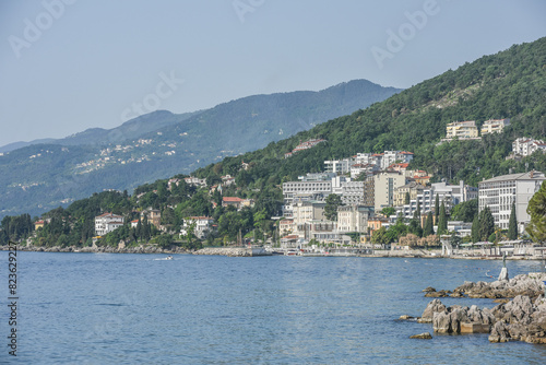 Landscape View Of Beautiful Adriatic Coast With Statue And Seagull At Opatija, Croatia photo