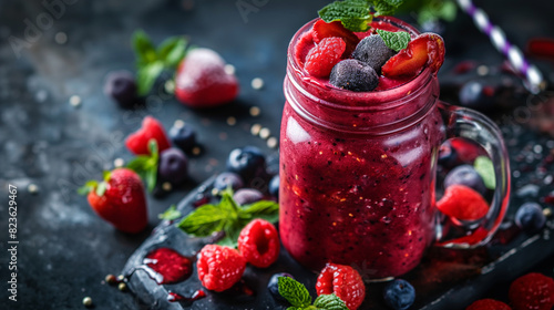 A close-up of a berry smoothie in a mason jar, garnished with fresh berries and mint leaves. Dynamic and dramatic composition, with cope space