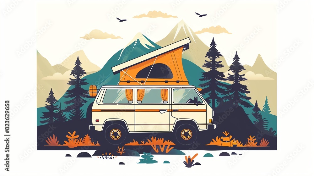 Obraz premium Car camping conversion flat design side view outdoor adventure theme cartoon drawing Triadic Color Scheme