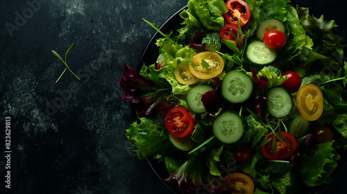 A beautifully arranged vegetable salad with a variety of organic greens, tomatoes, cucumbers, and bell peppers. Dynamic and dramatic composition, with cope space