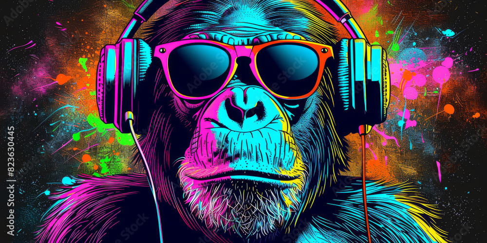Cool neon party dj monkey in headphones and sunglasses Cool neon party dj monkey in headphones and sunglasses