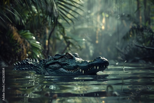 a crocodile swims in a deep river photo