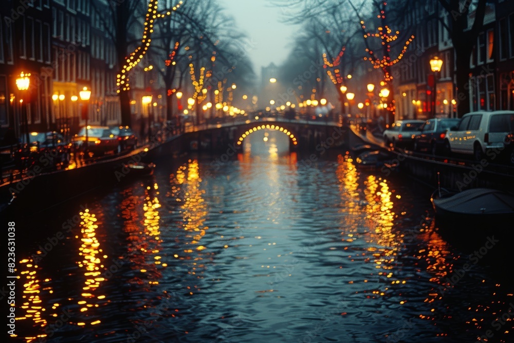 Canal Lit Up at Night in City