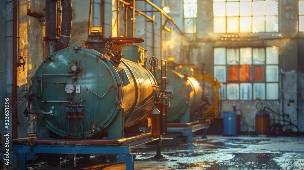 Boiler equipment in a factory room with sunlight through a window. Boiler equipment in a factory room with sunlight through a window.