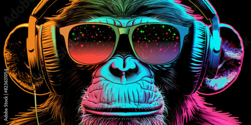 Cool neon party dj  monkey in headphones and sunglasses
