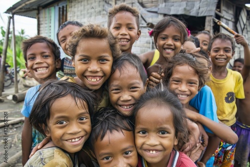 Portrait of a group of happy children in a village in Laos