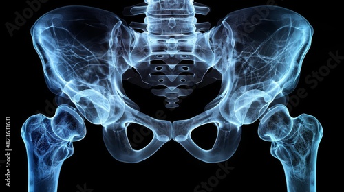 3D illustration of hip bones. Blue x-ray of the human pelvic bone structure on a black background. photo