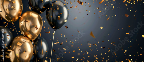 Balloons bunch gold confetti closeup, wide format banner photo