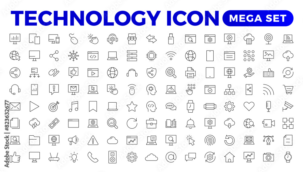 Technology line icons. Technological and device in various industries. Icons for websites, applications and creative outline icon. vector illustration. Technology line icons. Technological and device in various industries. Icons for websites, applications and creative outline icon. vector illustration.