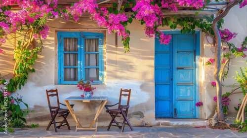 Fototapeta Naklejka Na Ścianę i Meble -  Table near a white house with blue doors
