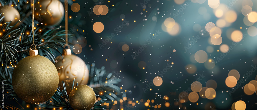 Christmas ornaments dangle from tree with glowing lights, wide format banner Christmas ornaments dangle from tree with glowing lights, wide format banner