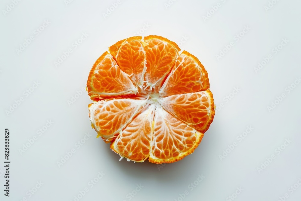 Top-down photo of a juicy, peeled tangerine with its segments fanned out on a pure white backdrop, highly detailed Top-down photo of a juicy, peeled tangerine with its segments fanned out on a pure white backdrop, highly detailed