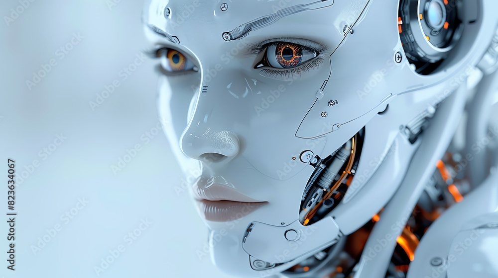 Close-up portrait of a female robot with glowing orange eyes. Close-up portrait of a female robot with glowing orange eyes.