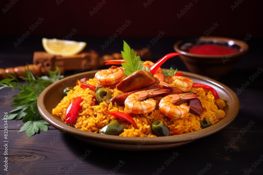 Tempting paella on a palm leaf plate against a painted brick background