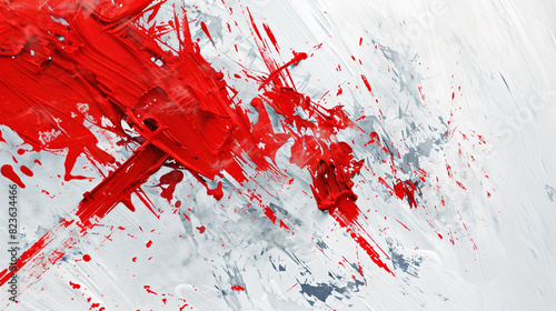 Bright red and soft grey oil paint randomly splattered on a white canvas, creating a striking, contemporary abstract piece.