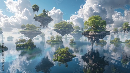 A surreal landscape of floating islands, each with its own unique ecosystem and wildlife.