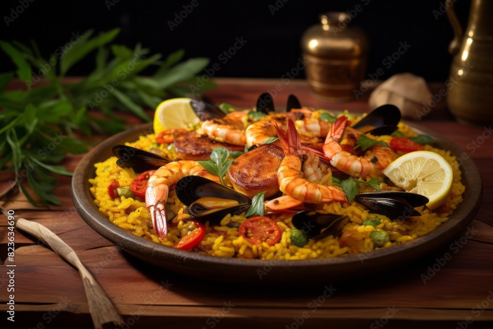 Tempting paella on a palm leaf plate against a painted brick background