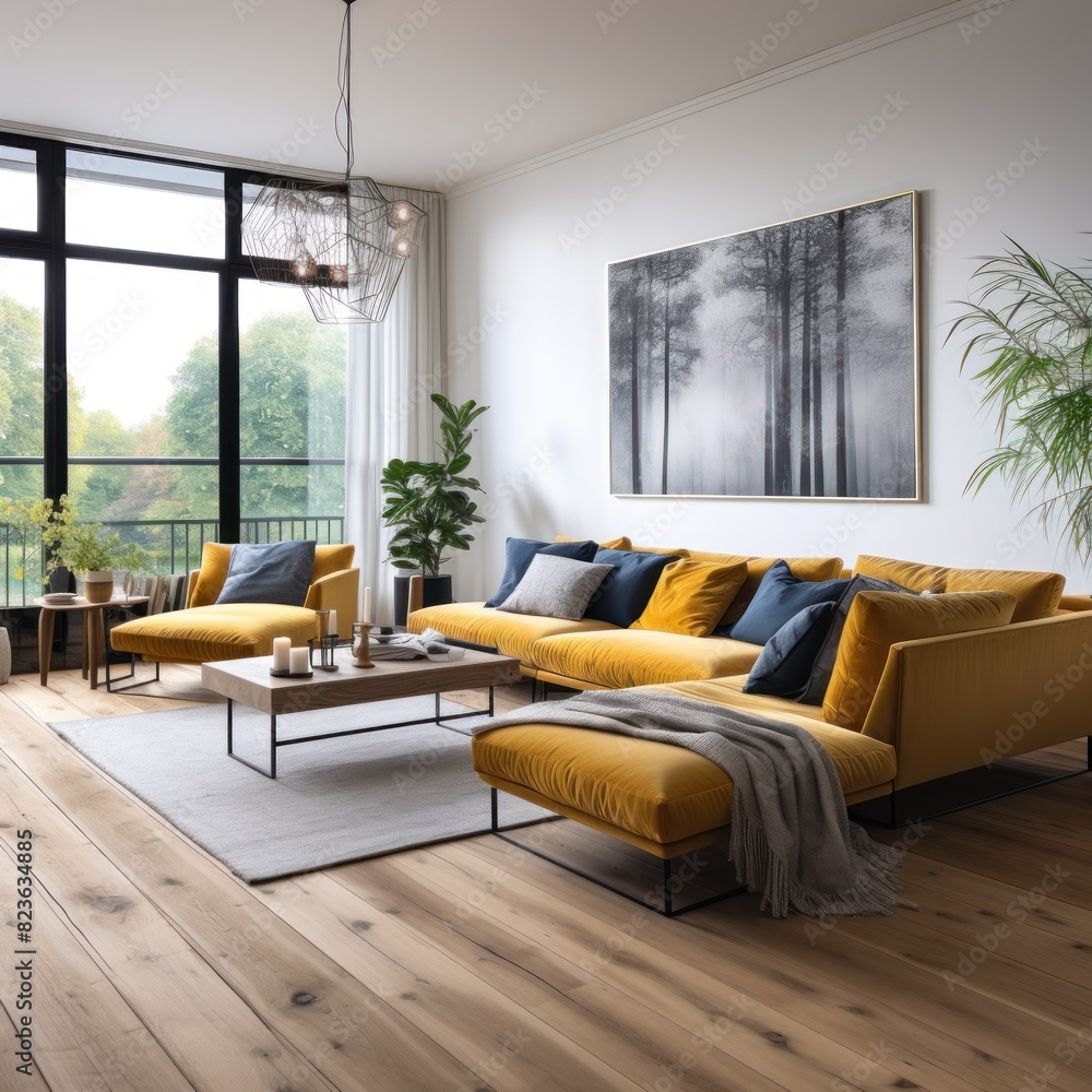 Fototapeta premium Interior of modern living room. Elegant Minimalist Living Room. Beautiful and large living room interior. Interior of a bright living room. 