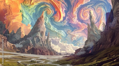 A surreal mountain landscape, with towering peaks and a sky filled with swirling colors.
