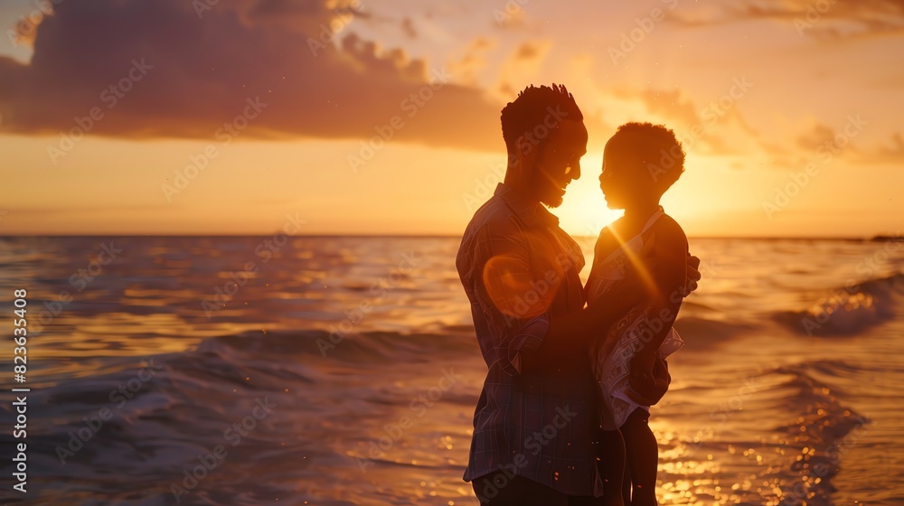 A tender moment captured as a samesex couple embraces their adopted child on a beach, the sunset casting a warm glow over the scene