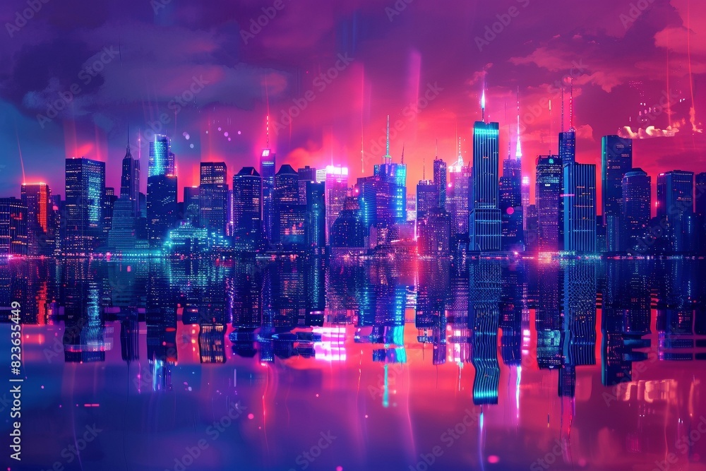 A futuristic cityscape at night, with towering skyscrapers bathed in vibrant neon lights that shimmer on the still water below