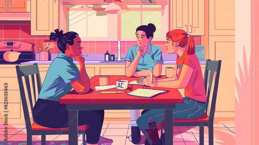 A vibrant illustration depicting a lesbian couple having a hearttoheart conversation with their teenage child at the kitchen table, surrounded by homework A vibrant illustration depicting a lesbian couple having a hearttoheart conversation with their teenage child at the kitchen table, surrounded by homework