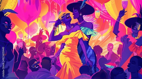 A vibrant illustration depicting a drag brunch event, with performers entertaining the crowd with lipsync performances and comedy photo