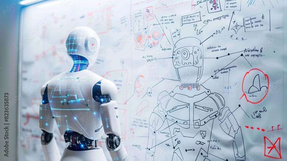 Naklejka premium Photo of a whiteboard with strategy sketches and AI text overlaid on a white background