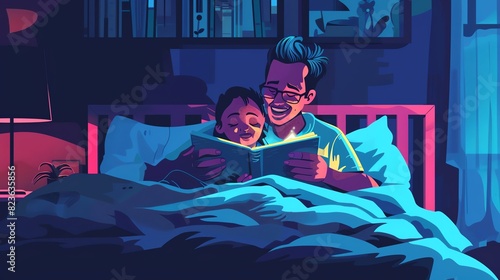 An inclusive illustration showing a transgender parent reading a bedtime story to their child, both snuggled up under the covers