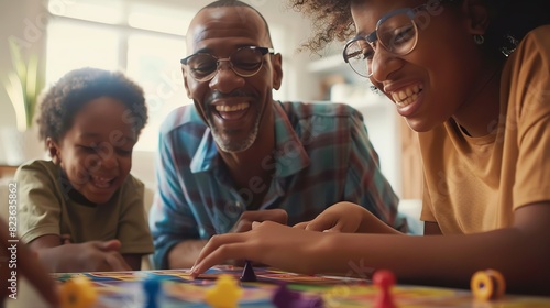 An inclusive family playing a board game together at home, laughter filling the room as they enjoy quality time spent with each other