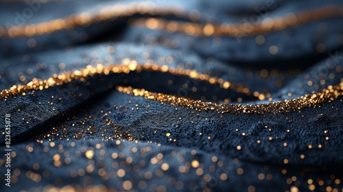A close-up shot of glistening gold particles on a textured, dark fabric, conveying luxury and elegance