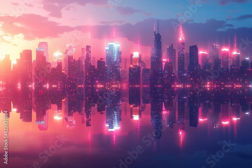 A breathtaking digital artwork depicting a bustling urban landscape at night. Skyscrapers pierce the dark sky, their facades illuminated by a dazzling display of neon lights reflected on the water © Martin