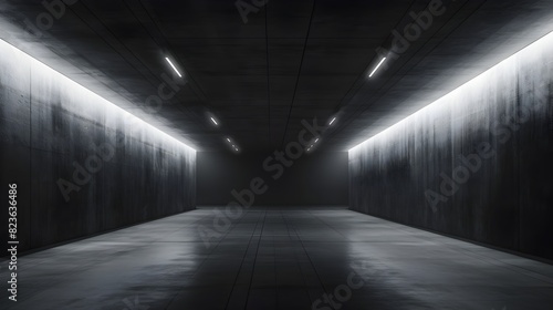 Dark Concrete Corridor with Bright LED Lights in Futuristic Underground Setting