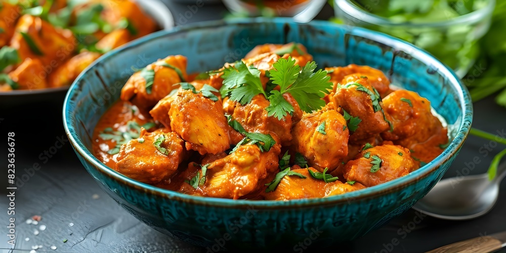 Bowl of spicy chicken tikka masala with vibrant colors and flavors. Concept Food Photography, Spicy Chicken Tikka, Vibrant Colors, Flavorful Dish, Indian Cuisine Bowl of spicy chicken tikka masala with vibrant colors and flavors. Concept Food Photography, Spicy Chicken Tikka, Vibrant Colors, Flavorful Dish, Indian Cuisine