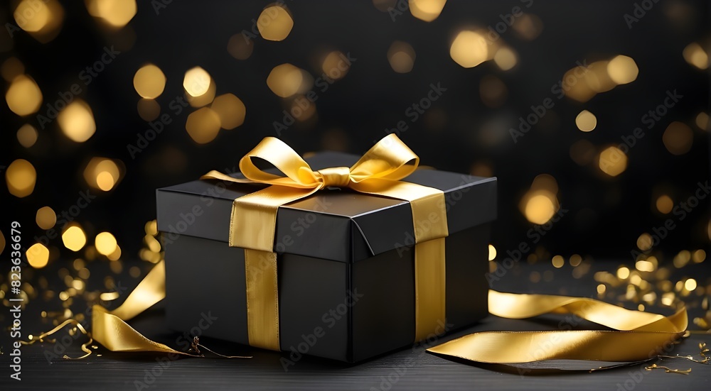 Black present box on a solitary, dark bokeh background with a golden ribbon and bow Black present box on a solitary, dark bokeh background with a golden ribbon and bow