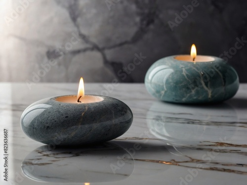 Stylish composition of spa stones on marble table.