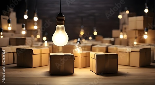 Among the square carton boxes, a close-up of one opened box with an idea light bulb shining photo