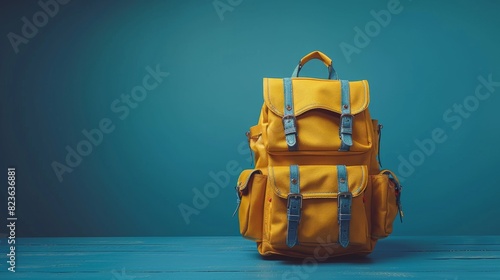 The yellow backpack with contrasting blue straps exudes cheerfulness and energy against a solid blue wall photo