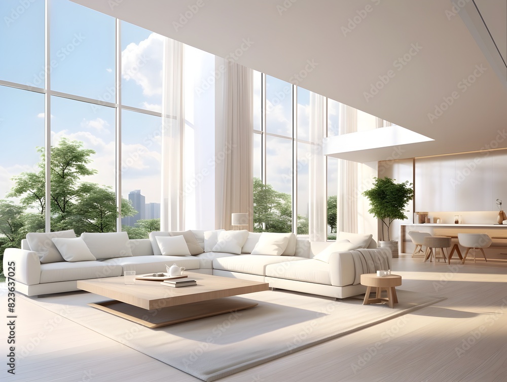 Fototapeta premium Expansive Bright and Airy Modern Luxury Living Room with Panoramic Window Views