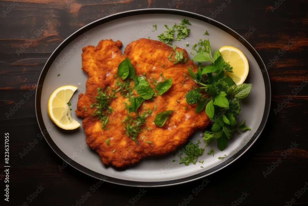 Tasty schnitzel on a porcelain platter against a painted brick background