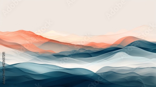 An abstract wilderness scene with fluid lines and gentle hues, depicting the expanse and solitude of uncharted territories. This minimalist design focuses on simplicity, using soft colors and shapes photo