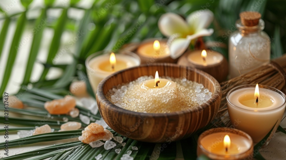 Spa Setting with Aromatic Candles, Essential Oils, and Bath Salts Spa Setting with Aromatic Candles, Essential Oils, and Bath Salts