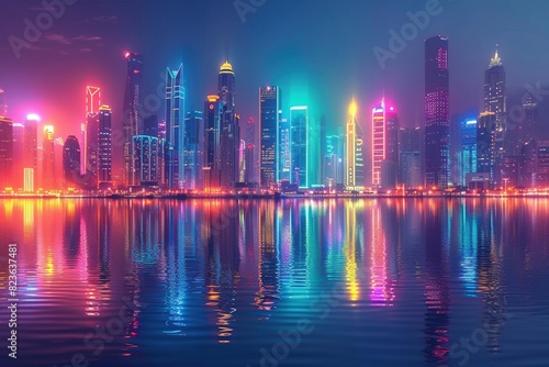 digital illustration showcasing a metropolis by night. The scene explodes with vibrant neon lights cast upon the sleek glass facades of skyscrapers