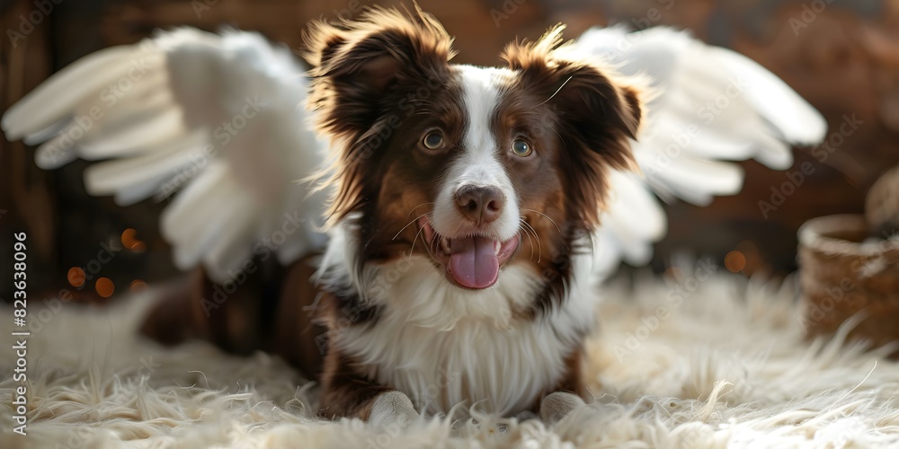 Obraz premium Joyful border collie in heaven with wings and halo canine afterlife. Concept Pets in Heaven, Border Collie, Angel Wings, Halo, Afterlife Illustration