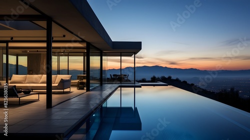 Sleek and Minimalist Architectural Design with Panoramic Mountain View Overlooking Serene Infinity Pool © yelosole