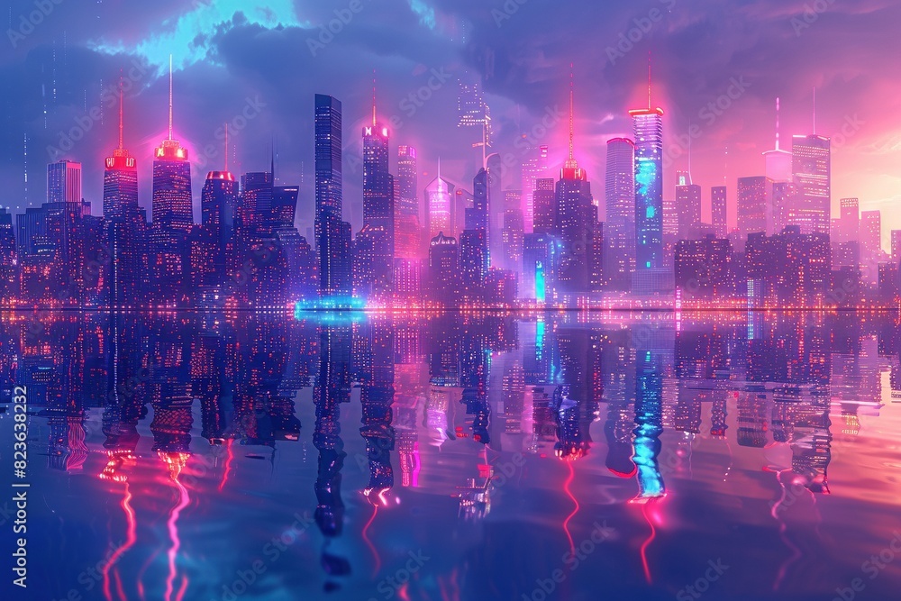essence of a modern city at night. Neon lights from towering skyscrapers paint the sky in vibrant hues, mirrored perfectly on the surface of the water essence of a modern city at night. Neon lights from towering skyscrapers paint the sky in vibrant hues, mirrored perfectly on the surface of the water