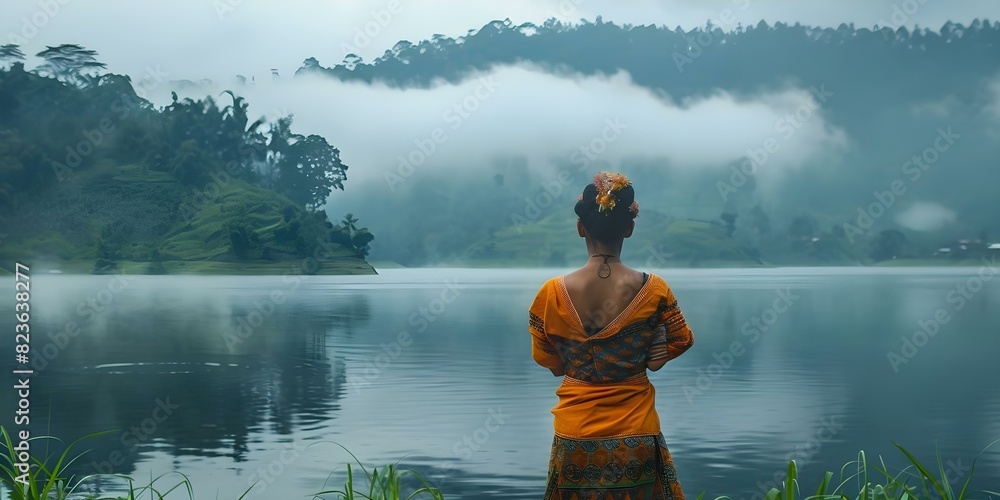 Indonesian woman in traditional attire admiring foggy Tamblingan lake landscape. Concept Traditional Attire, Indonesian Culture, Beautiful Landscape, Foggy Morning, Tamblingan Lake