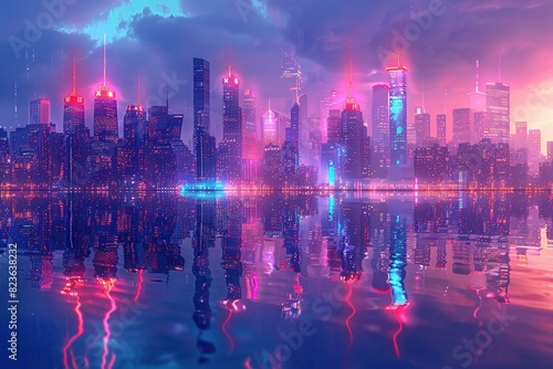 essence of a modern city at night. Neon lights from towering skyscrapers paint the sky in vibrant hues, mirrored perfectly on the surface of the water
