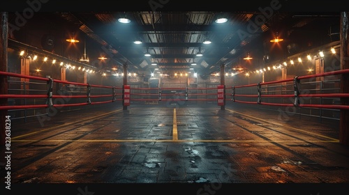 The image features an empty boxing ring with a moody, atmospheric setting, surrounded by ropes and illuminated by overhead lights © familymedia