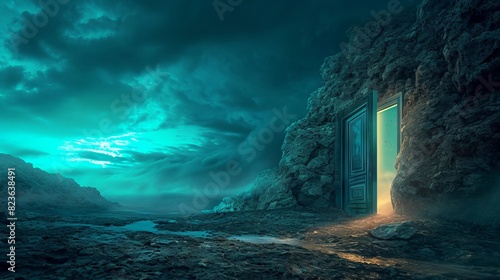 Mystical door in the night sky. photo